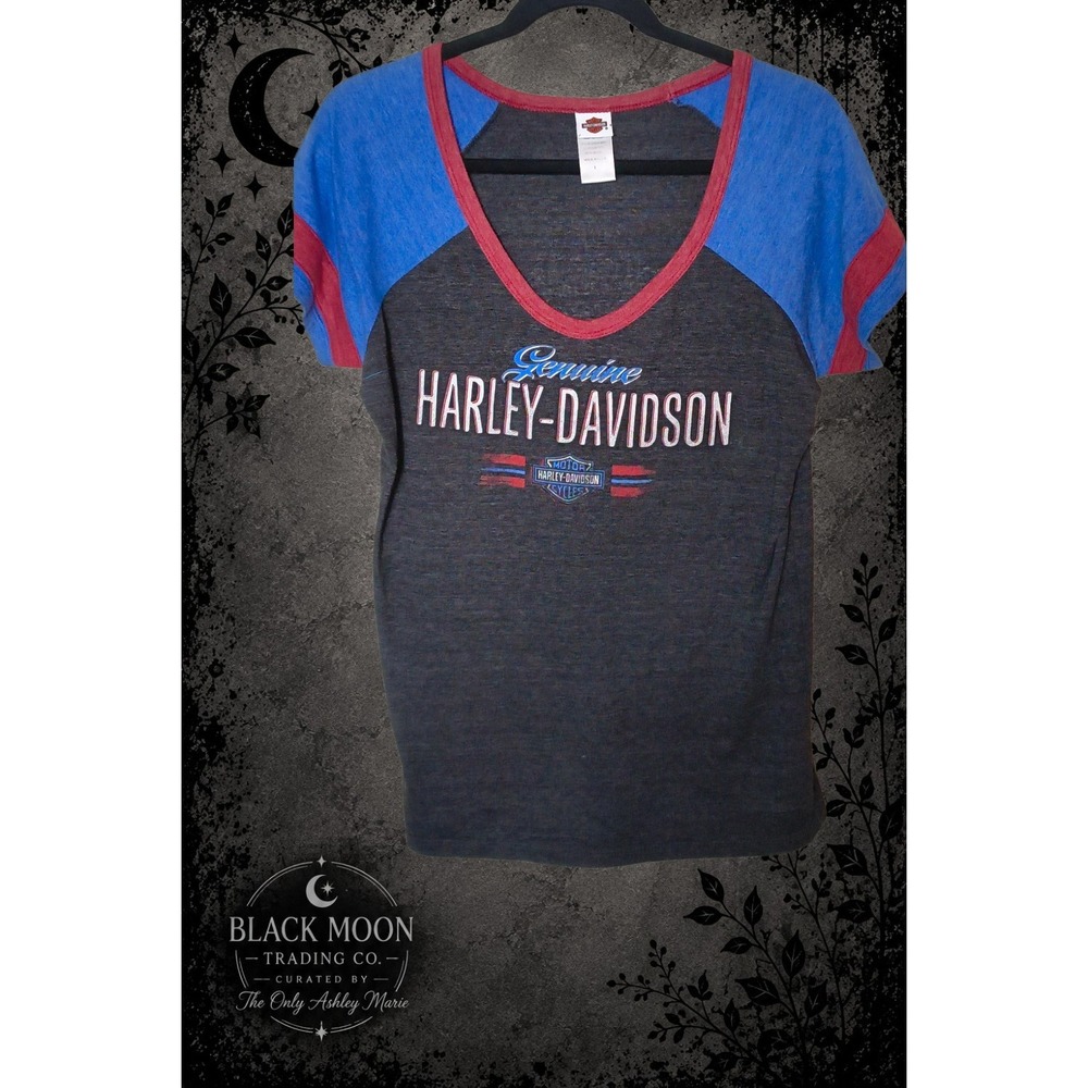 Harley Davidson Women's Large Genuine Motorcycles Black Red Blue Graphic T Shirt